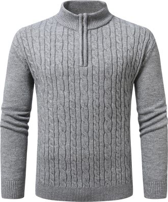 AlltheMen Mens Quarter Zip Knitted Sweater Casual Stand-Up Collar Long Sleeve Winter Pullover Jummper Grey 4XL