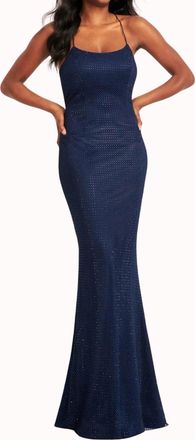 Faviana Beaded Mesh Open Back Sheath Gown In Navy