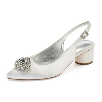 Generic Slingback Wedding Heels Womens Bridal Pointed Toe Chunky Heels Prom Evening Formal Party Pumps Shoes 4.5Cm,Ivory,9 UK