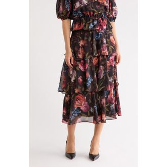 T Tahari Tiered Print Skirt in Black Rose Print at Nordstrom Rack, Size X-Small