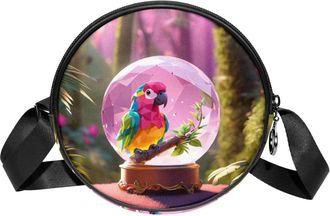 Generic Circle Crossbody Bag for Women, Parrot Crystal Ball Small Sling Bag Daypack with Zipper Adjustable Shoulder Straps Casual Ladies Girls Round Purse