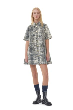 Ganni Grey Print Denim Mini Dress - Size 44 Organic Cotton