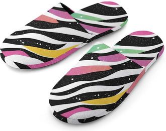 Generic Sparkly Colorful Zebra Pattern Flannel Mens Slip-on Slippers Winter Warm House Shoes with Rubber Sole for Home Hotel