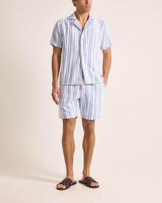 Orlebar Brown Trevone Towelling Classic Fit Towelling Crossover Stripe Shorts in Aero Blue/white Sand at Nordstrom, Size Medium