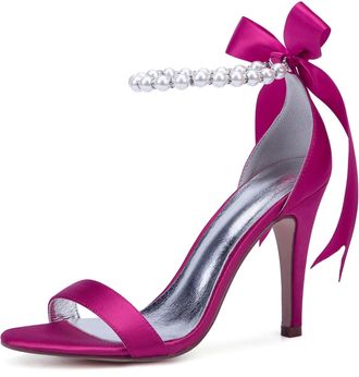 Generic Wedding Shoes Womens Satin Ankle Strap Bridal High Heelsheeled Open Toe Prom Party Dress Stiletto Sandals 10.5Cm,Rose red,5 UK