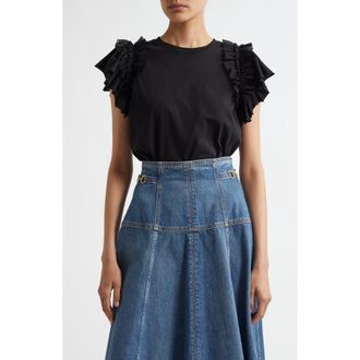 Ulla Johnson Leia Ruffle Sleeve Organic Cotton Top in Noir at Nordstrom Rack, Size Petite