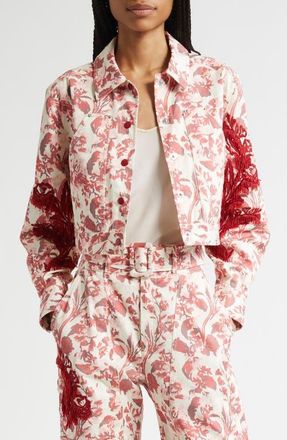 Cinq &agrave; Sept Deyo Floral Ribbons Bead Detail Stretch Cotton Jacket in Cherry Rose Multi at Nordstrom, Size X-Large