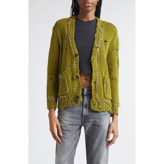 R13 Safety Pin Chain Detail Ripped Cotton Cardigan in Light Green at Nordstrom, Size X-Small