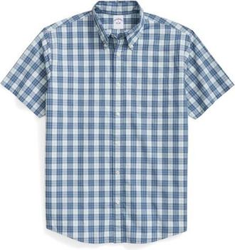 Brooks Brothers Friday Regular Fit Plaid Short Sleeve Cotton Poplin Button-Down Shirt in Turquoise/Aqua at Nordstrom, Size Xx-Large