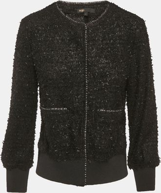 Maje Black Stretch Knit Crop Zip Up Jacket