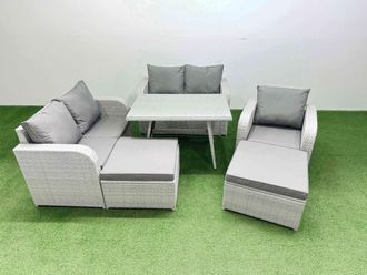 Fimous 7 Seater PE Rattan Garden Furniture Set Love Sofa Reclining Chair Set in Light Grey