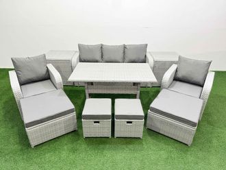 Fimous PE Rattan Lounge Sofa Set 9 Seater Outdoor Garden Furniture Set in Light Grey