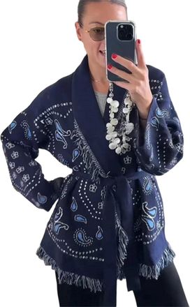 Generic Women Tassel Patchwork Printed Cardigan Geometric Patterns Belts V-Neck Long Sleeve Knitted Sweater Coat