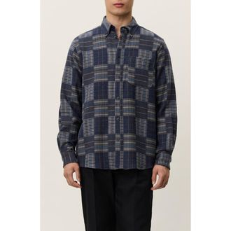 Les Deux Kent Patchwork Check Button-Down Shirt in Dark Navy at Nordstrom, Size Xx-Large