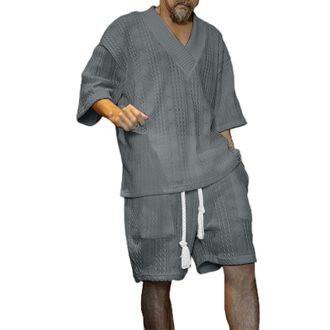 Generic Mens 2 Piece Knitted Set Rolled Short Sleeve Shirts and Shorts Breathable and Comfortable V Collar Shirt Top with Drawstring Elastic Waist Shorts Summ