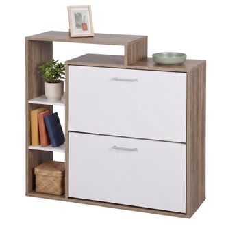 Relaxdays Relaxdays Zapatero 90&times;80&times;23,5 Cm, 2 Puertas Basculantes, 12 Pares, Estantes Abiertos, Estrecho, Natural/blanco