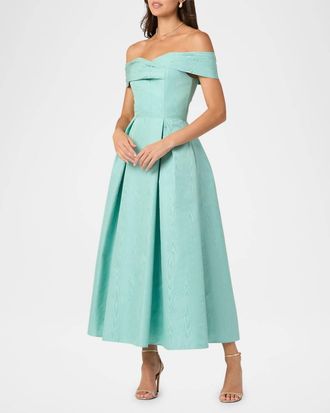 Shoshanna June Pleated Off-Shoulder Midi Dress In Sea Blue