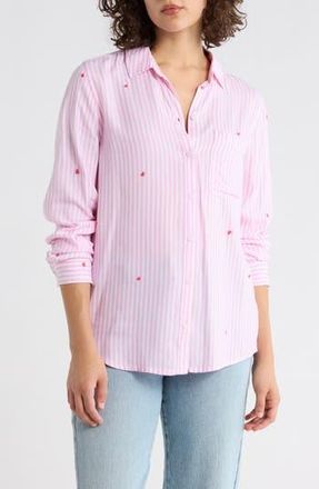 Beach Lunch Lounge Kaylee Heart Stripe Long Sleeve Button-Up Shirt in Sunset Hearts at Nordstrom Rack, Size X-Small