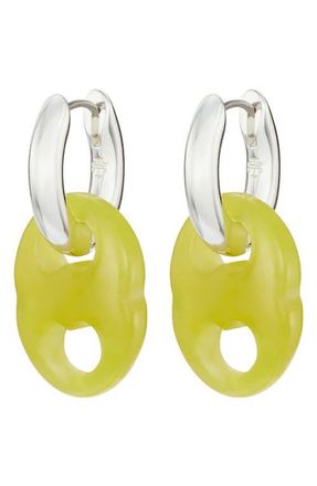 Tory Burch Gemini Two-Tone Link Huggie Hoop Drop Earrings in Light Silver /Green at Nordstrom