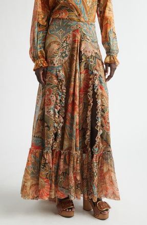 Etro Paisley Print Ruffle Silk Chiffon Maxi Skirt in Print On Red Base at Nordstrom, Size 10 Us