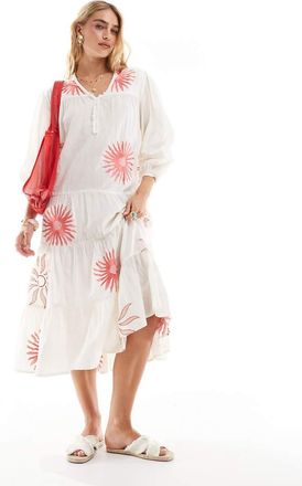 Accessorize Vestito da mare midi con stampa di sole estivo e maniche a sbuffo-Bianco
