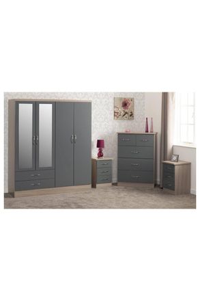 Seconique Nevada 4 Door 2 Drawer Mirrored Wardrobe Bedroom Set in Grey