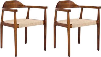 Beliani Set of 2 Dining Chairs Rubber Wood Frames Paper Cord Seats Retro Style Dining Room Dark Brown and Beige Oakdale