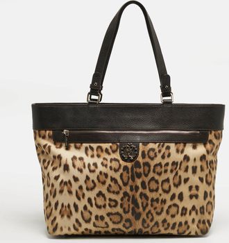 Roberto Cavalli Top Zip Brown Leopard Print Fabric And Leather Tote