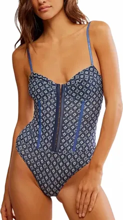 Free People Printed Night Rhythm Bodysuit In Faded Indigo Combo