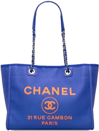 Chanel Blue Orange Canvas Leather Handbag Tote Bag (Pre-Owned)