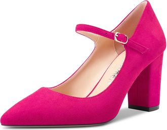 Castamere Women Mid Chunky Block Heel Pointed Toe Pumps Court Shoe Mary Jane Ankle Strap Buckle Party Dress Shoes 8.5 CM Heels Magenta Peach Red 5 UK