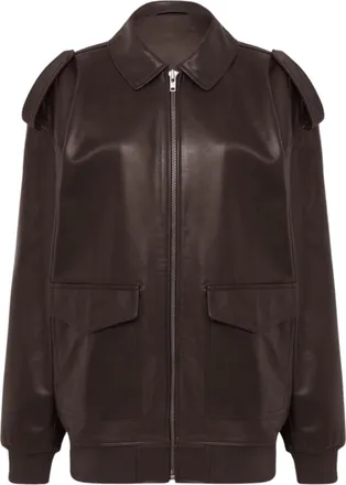 Frankie Shop Brown Shoulder Epaulettes Leather Leather Jacket