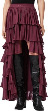 AllSaints Cavarly Layered Ruffle High-Low Maxi Skirt in Tawny Port Red at Nordstrom, Size 4 Us