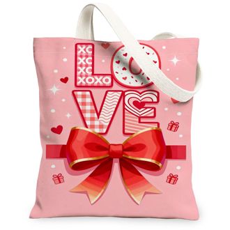 Generic ValentineS Day Hearts Canvas Tote Bag, Adorable Love Pattern Reusable Grocery Bags, Lightweight Washable Shoulder Strap Ca, Peach, 13x15 Inch