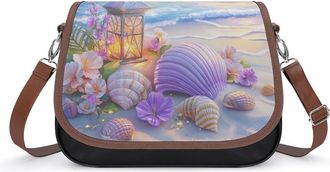 Generic Colorful Shells Beach Sunset Crossbody Bag Womens Handbag PU Message Bags Shoulder Purse with Adjustable Strap