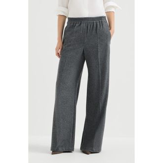 Brunello Cucinelli Cashmere jersey pleated wide track trousers in Anthracite at Nordstrom, Size 36