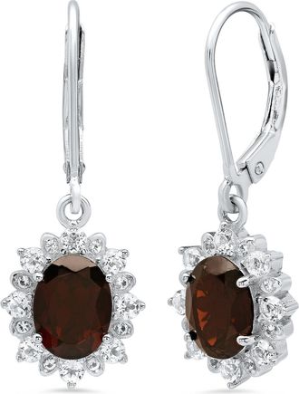 MAX + STONE 925 Sterling Silver Halo Sunburst Oval Gemstone Earrings with White Topaz Accent