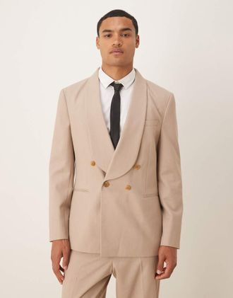 Asos Giacca da abito vestibilità classica doppiopetto beige in flanella-Neutro