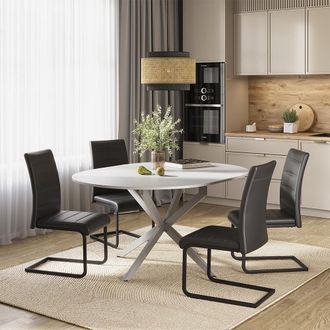 Vicco Set De Mesa De Comedor Loyd, Blanco/gris, 120 X 120 Cm Con 4 Sillas De Comedor, Negro, Vicco