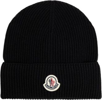 Moncler Zwarte Katoenen Beanie met Logopatch - unisex - Hoeden - Zwart - S - Katoen - Accessoires