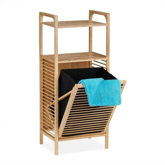 Relaxdays Relaxdays Estanter&iacute;a De Ba&ntilde;o Con Cesto Para Ropa Sucia, 2 Baldas, 95x40x30 Cm, Abatible, Bamb&uacute; Y Tela, Natural Y Negro