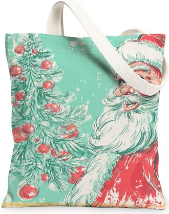 Generic Christmas Tree Canvas Tote Bags, Vintage Holiday Pattern Reusable Grocery Bags, Festive Lightweight Washable Shoulder Strap, Green, 13x15 Inch