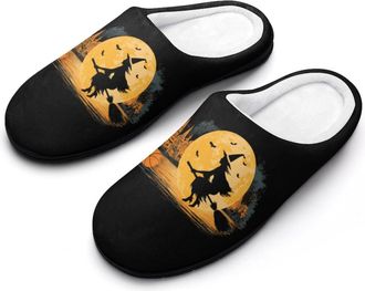 Generic Flying Witch City Moon Basketball Mens House Slippers Memory Foam Washable Cotton Slip on Home Shoes