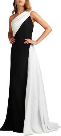 Tadashi Shoji Taffeta Detail One-Shoulder Crepe Gown in Black/White at Nordstrom, Size 16