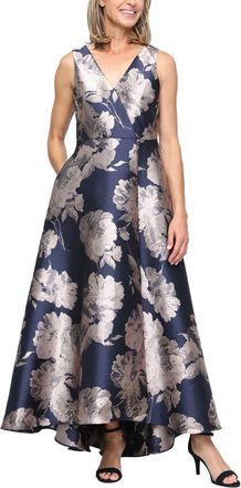 S.L. Fashions Floral Sleeveless Jacquard Gown in Navy/Taupe at Nordstrom, Size 12P