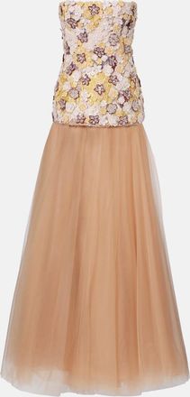 Costarellos Theia floral-appliqu&eacute; sequined tulle gown