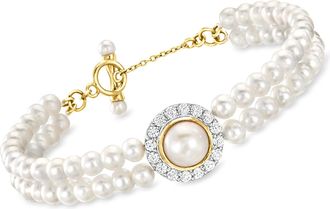 Ross-Simons 3-8.5mm Cultured Pearl and White Zircon Bracelet in 18kt Gold Over Sterling