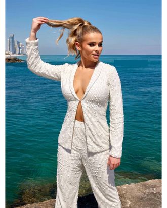 Primavera Two-Piece Beaded Pantsuit In White