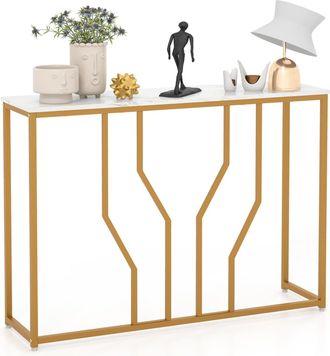Costway Costway - Mesa De Entrada, Mesa Consola Dorada, Mesa Auxiliar Metal Moderna Blanca Con Tablero De M&aacute;rmol Artificial, Mesa Estrecha Para Sala De Estar,