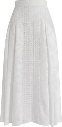 Alberta Ferretti Eyelet Embroidered White Midi Skirt with High Waistband